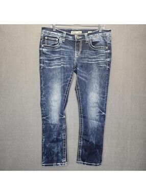 BKE Stella Skinny Straight Jeans Size 31 Dark Wash Distressed Thick Stitch Denim